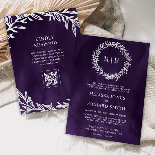 Convites Casamento Código QR do Ramo de Folha de Prata Roxo