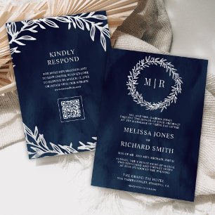 Convites Casamento Código QR do Ramo de Folha Prata Azul Ma