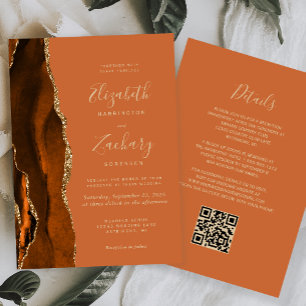 Convites Casamento Código QR Dourado Ágata Laranja Queimada
