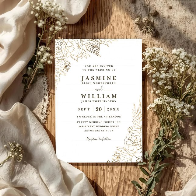 Convites Casamento Código QR Dourado Floral Linha Dourada M (Criador carregado)