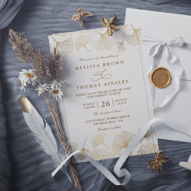 Convites Casamento Código QR Dourado Minimalista Ginkgo Rev (Criador carregado)