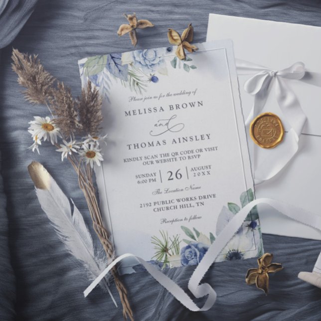 Convites Casamento Código QR Elegante Aquarela Azul Verde (Criador carregado)