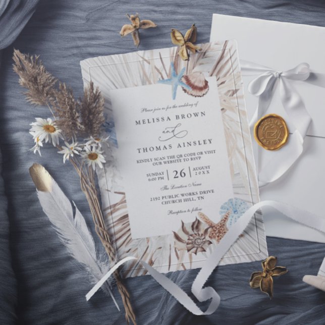Convites Casamento Código QR Elegante Aquarela Mar Boho Pra (Criador carregado)