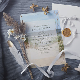 Convites Casamento Código QR Elegante Aquarela Oceano Praia