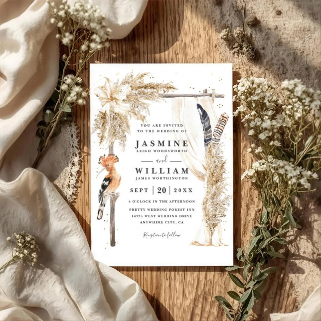 Convites Casamento Código QR Elegante Dossel Boho Pampas (Criador carregado)