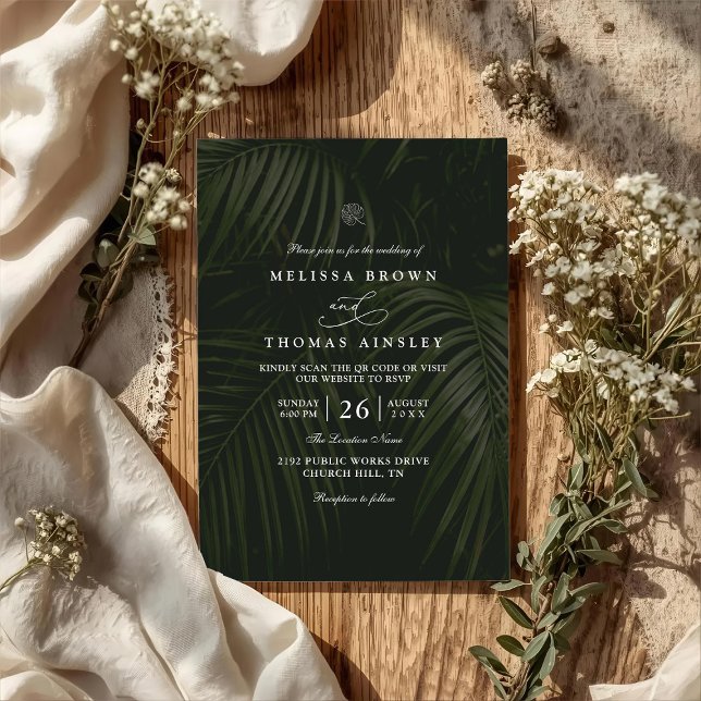 Convites Casamento Código QR Elegante Folhas de Palmeira Tr (Criador carregado)