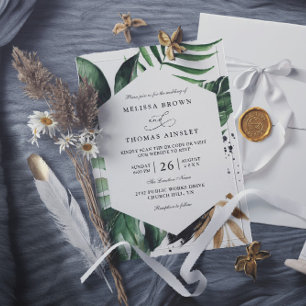 Convites Casamento Código QR Elegante Folhas de Palmeira Tr