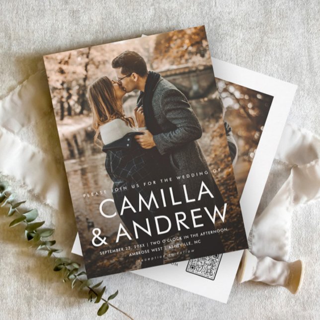 Convites Casamento Código QR Elegante Foto Moderna (A minimal 2 photo wedding invitation with simple typographic overlay and QR Code rsvp on the back.)
