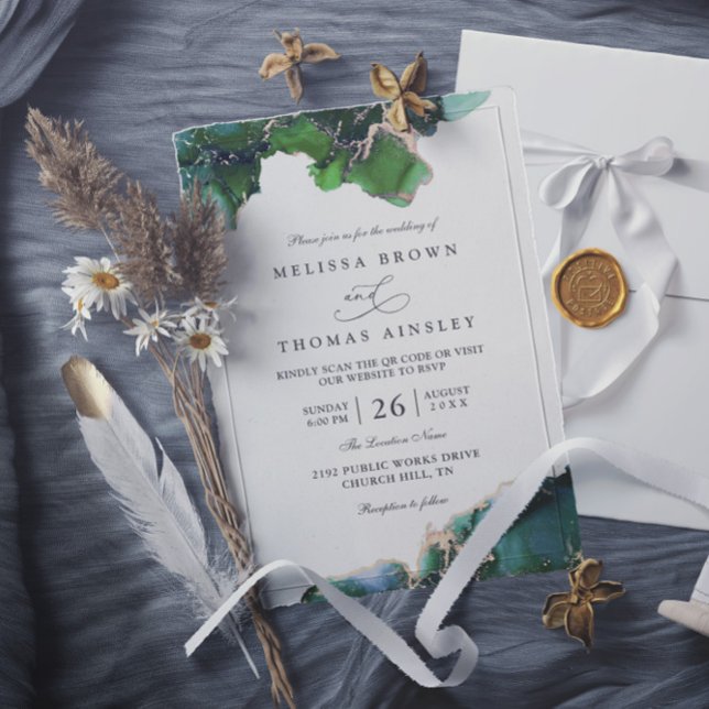 Convites Casamento Código QR Elegante Maré Verde Esmeralda (Criador carregado)