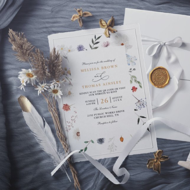 Convites Casamento Código QR Elegante Moldura Floral de Flo (Criador carregado)