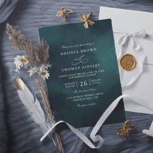 Convites Casamento Código QR Elegante Monograma Verde Esmer