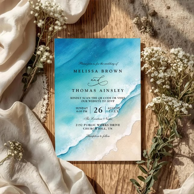Convites Casamento Código QR Elegante Praia Oceano Azul Ser (Criador carregado)