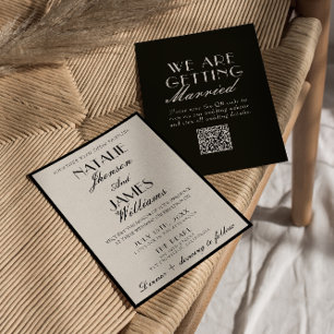 Convites Casamento Código QR Elegante Preto Branco Dinheiro