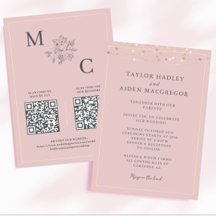 Convites Casamento Código QR Elegante Rosa Corado