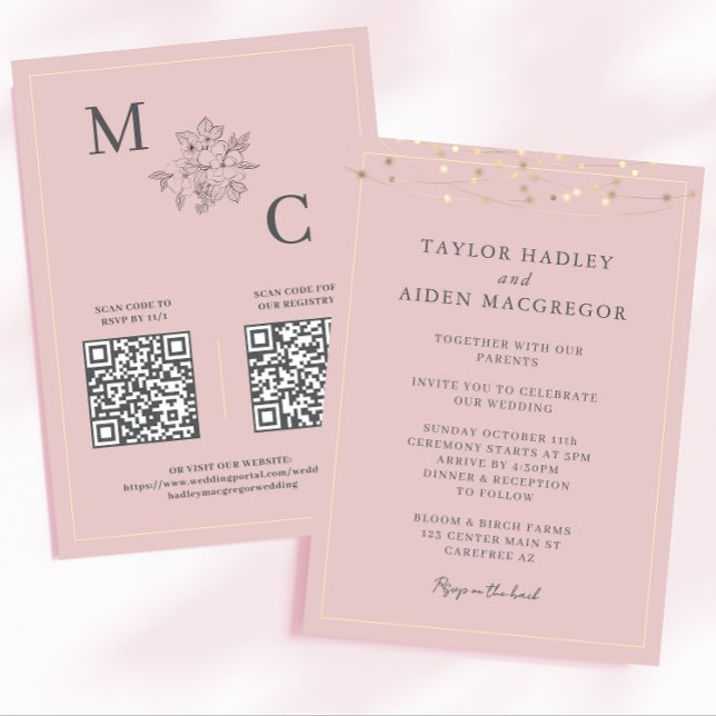 Convites Casamento Código QR Elegante Rosa Corado (Criador carregado)