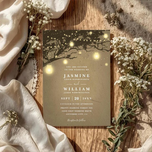 Convites Casamento Código QR Elegante Rústico Luzes em carv (Criador carregado)