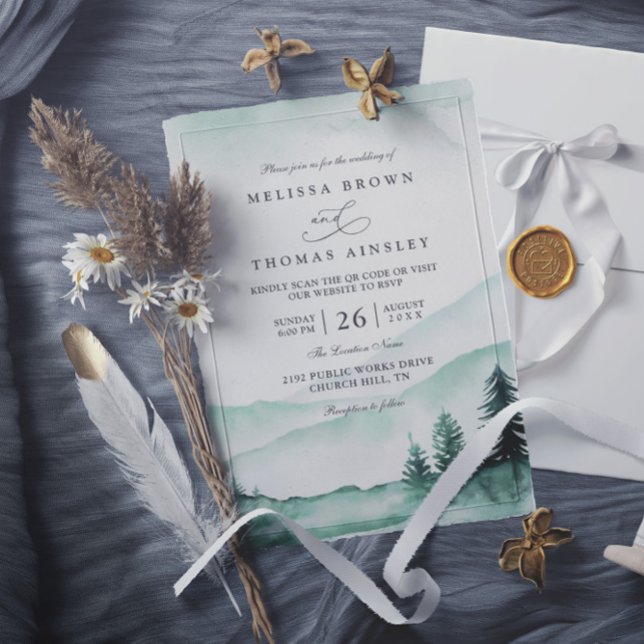 Convites Casamento Código QR Elegante Vegetação Rústica Mon (Criador carregado)