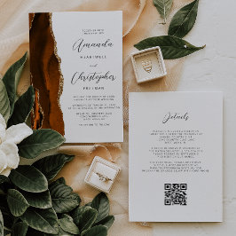 Convites Casamento Código QR em Ágata Dourado Laranja Queim