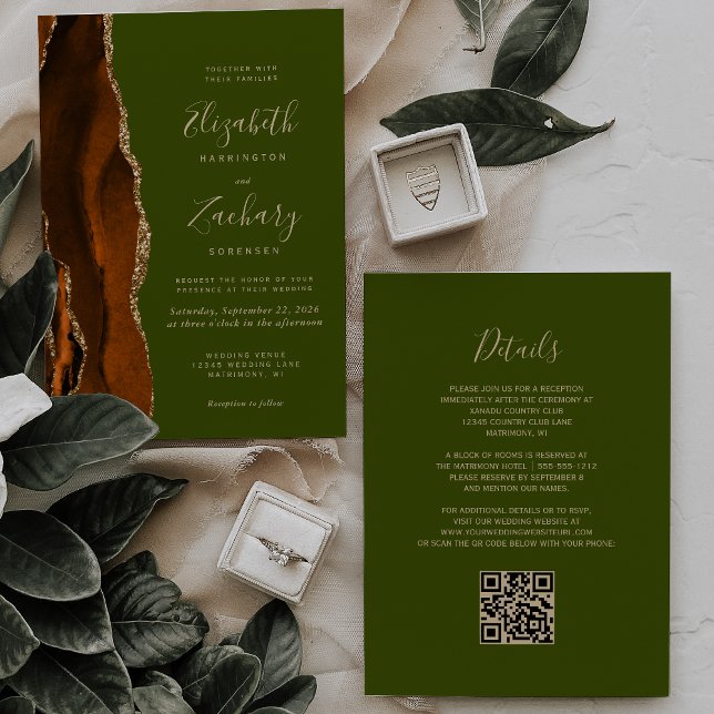 Convites Casamento Código QR em Ágata Laranja Queimada Verd (Criador carregado)