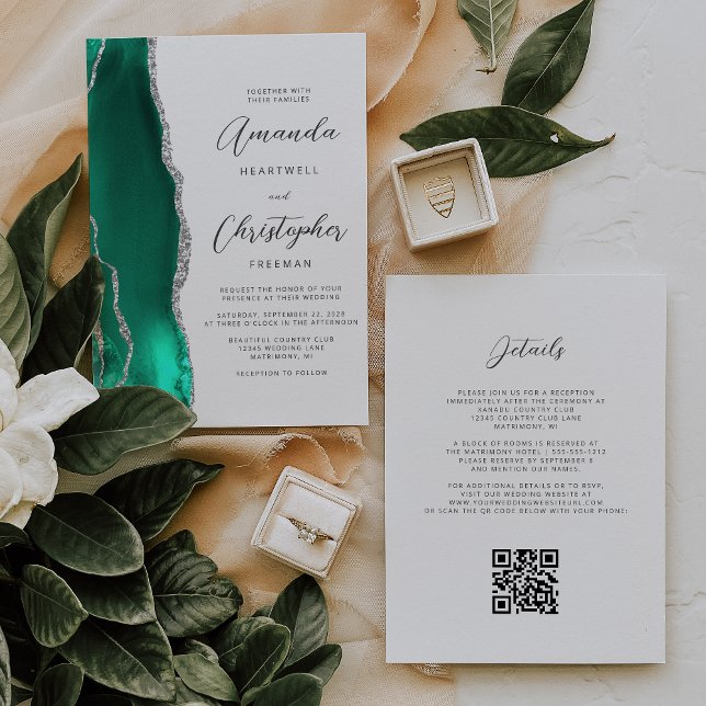 Convites Casamento Código QR em Ágata Prata Verde Espuma do (Criador carregado)