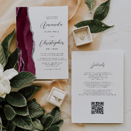 Convites Casamento Código QR em Ágata Vermelha de Bordô Pra