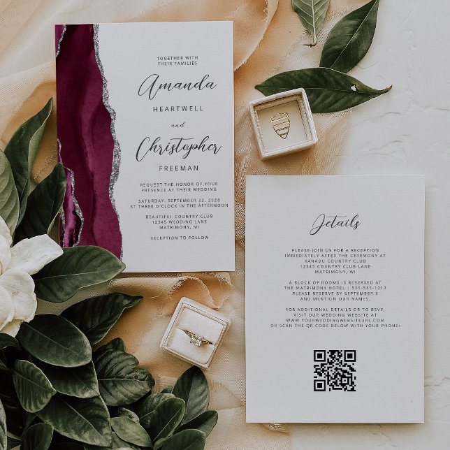 Convites Casamento Código QR em Ágata Vermelha de Bordô Pra (Criador carregado)