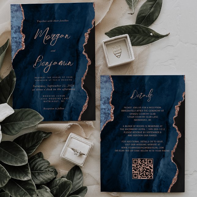 Convites Casamento Código QR em Azul Marinho e Dourado Rosa (Criador carregado)