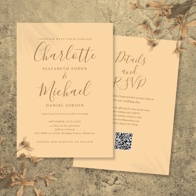 Convites Casamento Código QR em Champagne Elegant Script (Champagne Elegant Script QR Code Wedding Invitation)