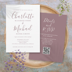 Convites Casamento Código QR em Elegante Letra Mauve