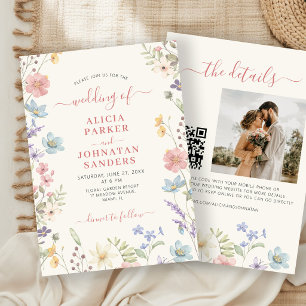 Convites casamento código QR em escrita elegante boho flor 