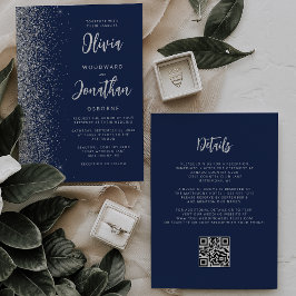 Convites Casamento Código QR em Grafite Prateado Azul Naval