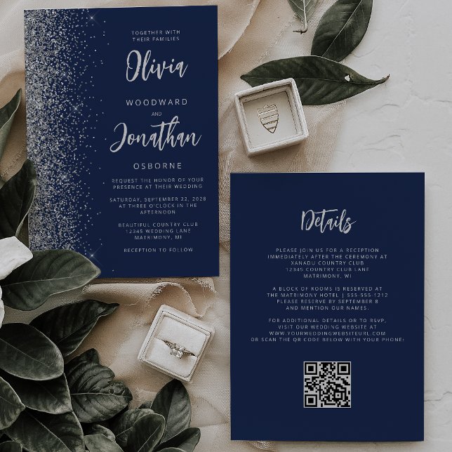 Convites Casamento Código QR em Grafite Prateado Azul Naval (Criador carregado)