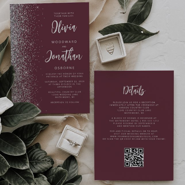 Convites Casamento Código QR em Grafite Prateado Burgundy (Criador carregado)