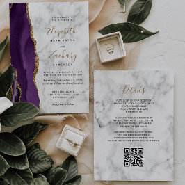 Convites Casamento Código QR em Mármore Ágata Dourada Roxa