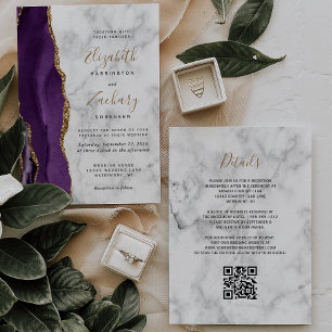 Convites Casamento Código QR em Mármore Ágata Dourada Roxa