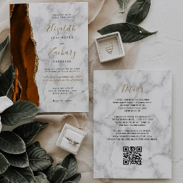 Convites Casamento Código QR em Mármore Ágata Dourado Laran