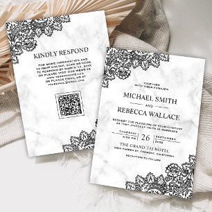 Convites Casamento Código QR em Mármore Branco e Renda Pret