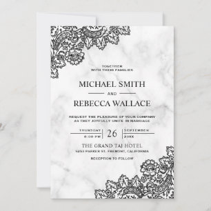 Convites Casamento Código QR em Mármore Branco e Renda Pret