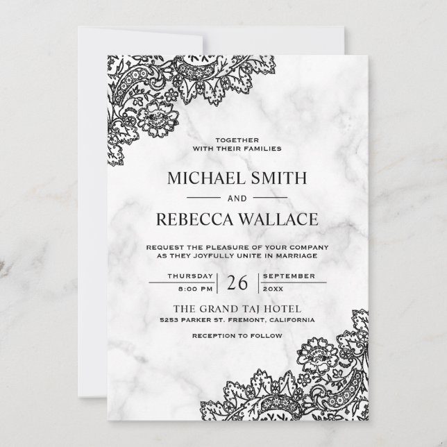 Convites Casamento Código QR em Mármore Branco e Renda Pret (Frente)