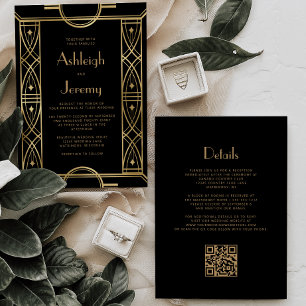 Convites Casamento Código QR em Moldura Vintage Deco Black 