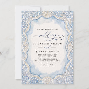 Convites Casamento Código QR em Renda Azul Poeirento Marfim