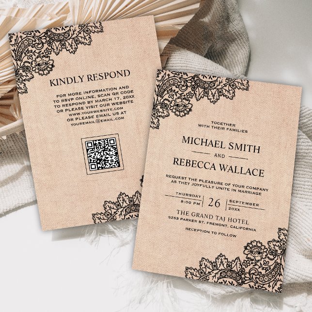 Convites Casamento Código QR em Renda de Sarja Preta (Criador carregado)