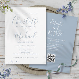 Convites Casamento Código QR em Script Elegante Azul Empoei