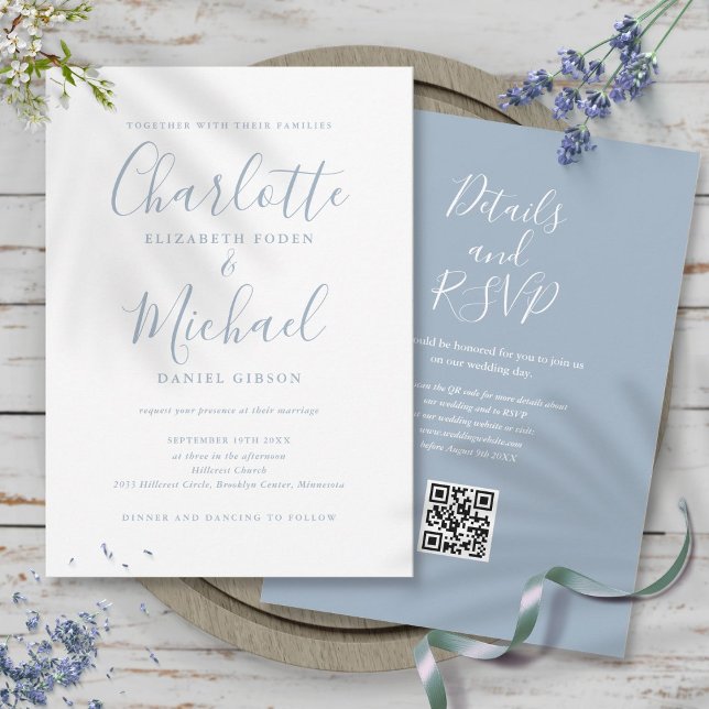 Convites Casamento Código QR em Script Elegante Azul Empoei (Dusty Blue Elegant Script QR Code Wedding Invitation)