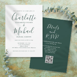 Convites Casamento Código QR em Script Elegante Verde Esmer