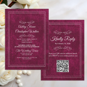 Convites Casamento Código QR em Veludo Burgundy Elegante Br