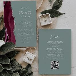 Convites Casamento Código QR em Verde Sage Ágata Prata Borg