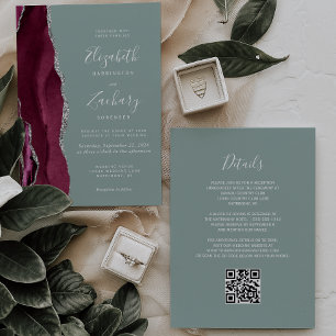 Convites Casamento Código QR em Verde Sage Ágata Prata Borg