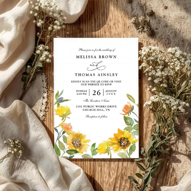 Convites Casamento Código QR Ensolarado Girassol Amarelo El (Criador carregado)