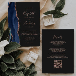 Convites Casamento Código QR Escuro Ágata Dourado Rosa Azul